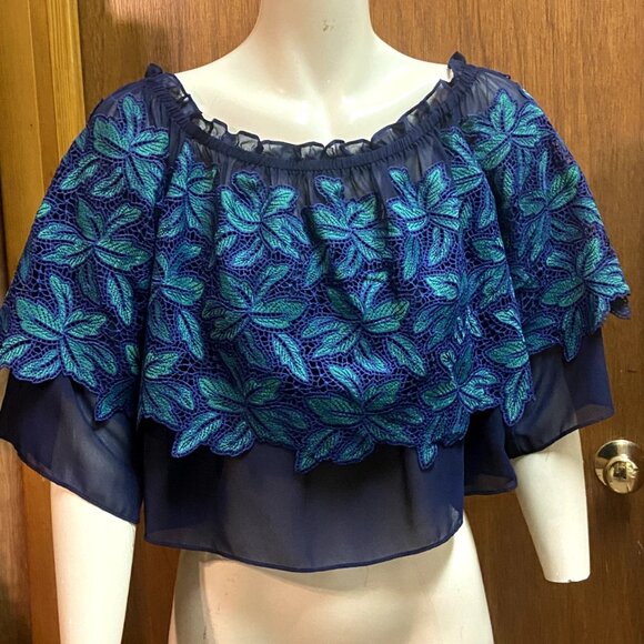 Jenn On Off Shoulder Garden Embroidered Lace Ruffle Cropped Blouse Top L 42 - Picture 6 of 12